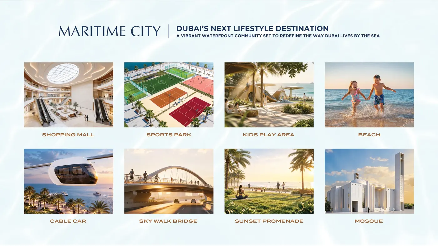 Maritime City: shopping mall, sports park, kids play area, beach, cable car, sky walk bridge, sunset promenade and mosque