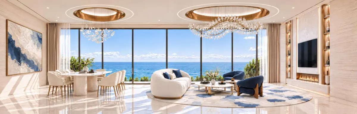 Living and dining area with sea views