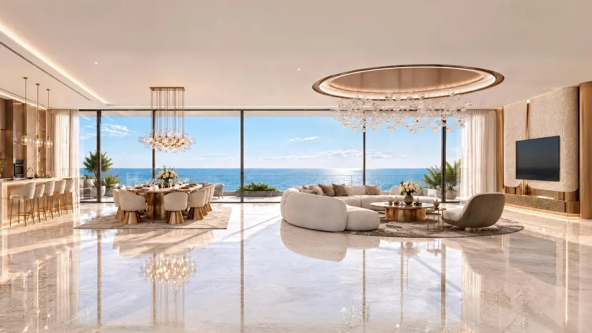 Three bedroom living room with full-height sea views